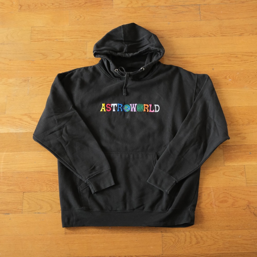 Astroworld Hoodie Men Black Embroidered Logo Streetwear Large Travis Scott Merch
